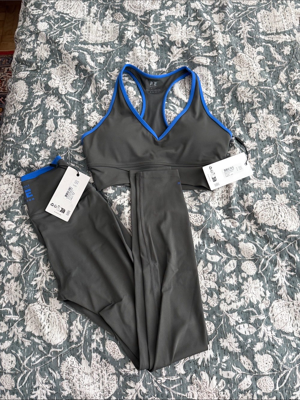 P.E Nation x soul cycle Charcoal with Electric Blue Trim sports bra and legging